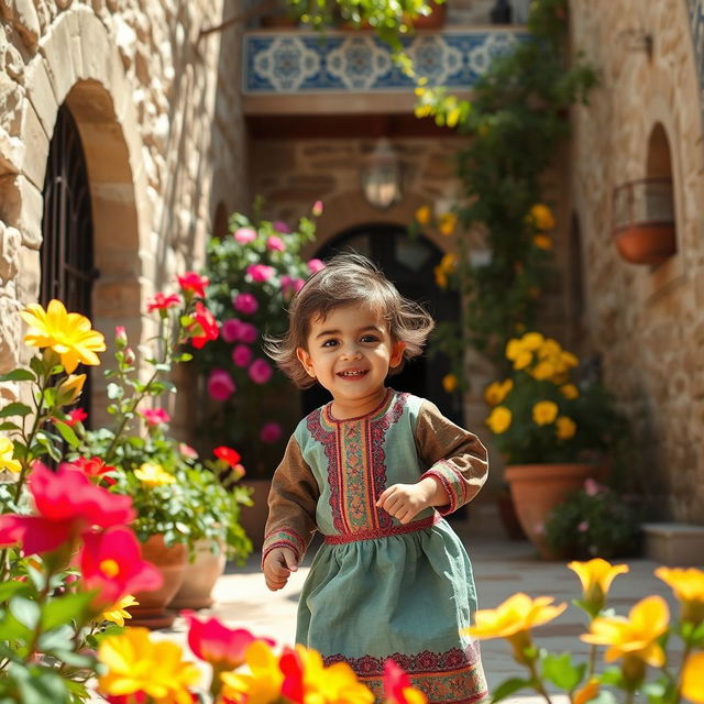 A portrait of a young Palestinian child playing in the courtyard of a traditional Palestinian home, showcasing vibrant colors and a warm atmosphere