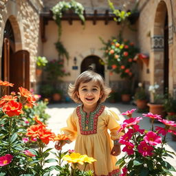 A portrait of a young Palestinian child playing in the courtyard of a traditional Palestinian home, showcasing vibrant colors and a warm atmosphere