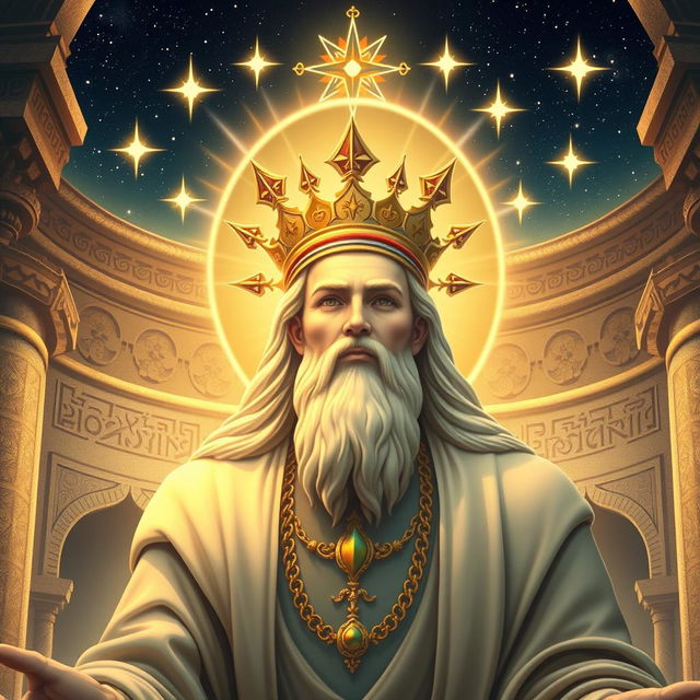 An artistic representation of Ahura Mazda, the supreme god in Zoroastrianism, depicted as a wise and benevolent figure