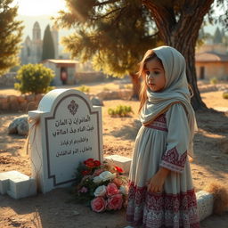 A young Palestinian girl standing next to her mother's grave, depicted in a serene and respectful manner