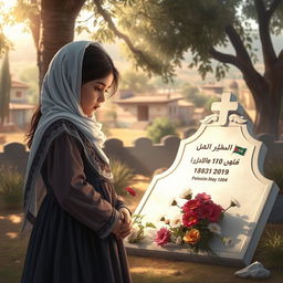 A young Palestinian girl standing next to her mother's grave, depicted in a serene and respectful manner