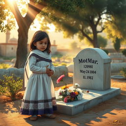 A young Palestinian girl standing next to her mother's grave, depicted in a serene and respectful manner