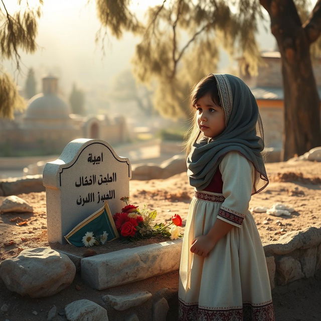 A young Palestinian girl standing next to her mother's grave, depicted in a serene and respectful manner