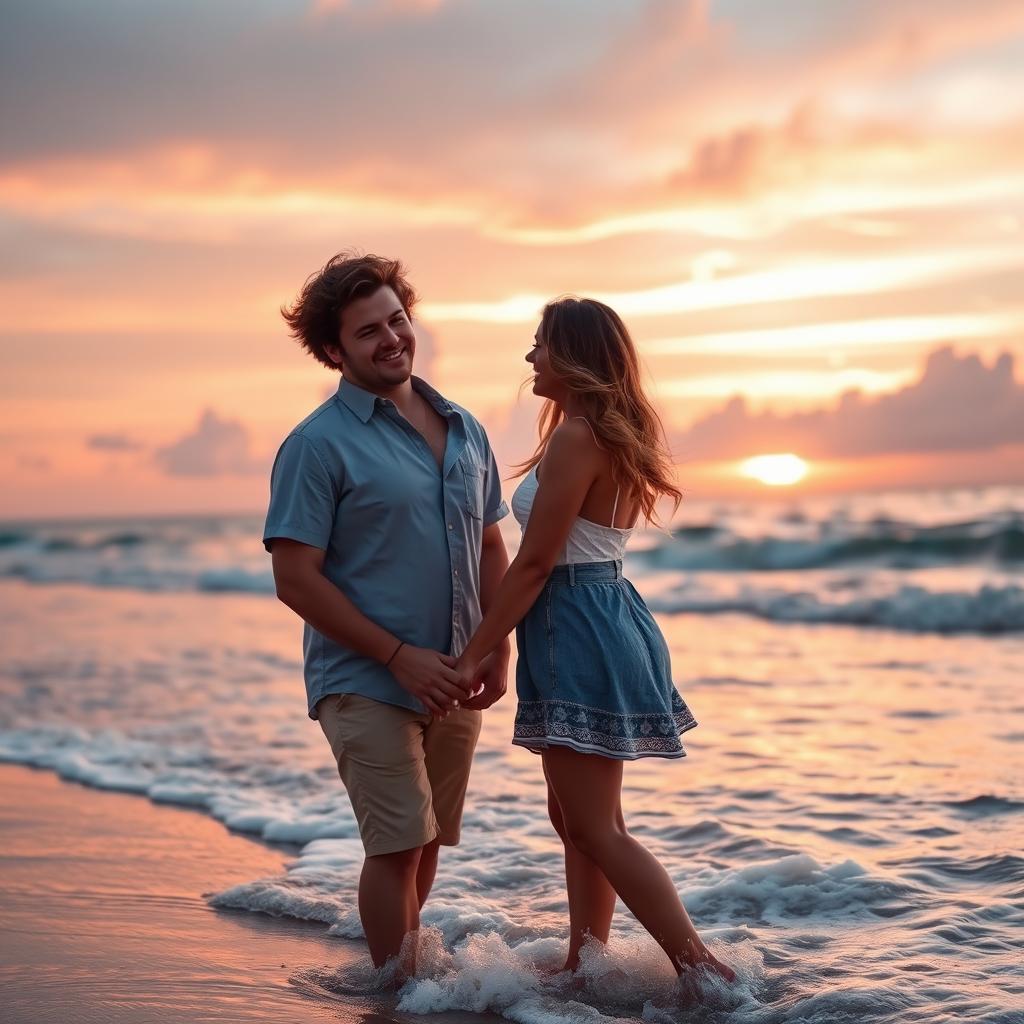 A romantic scene featuring a loving couple enjoying a sunset on the beach