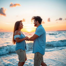 A romantic scene featuring a loving couple enjoying a sunset on the beach