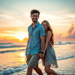 A romantic scene featuring a loving couple enjoying a sunset on the beach