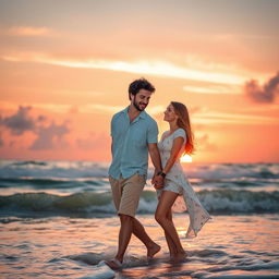 A romantic scene featuring a loving couple enjoying a sunset on the beach