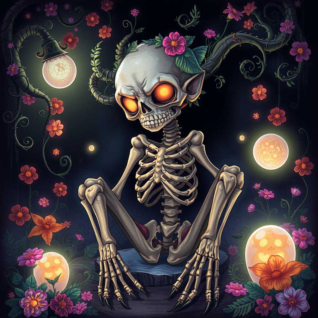 A strikingly detailed illustration of a 'شعبون استخوانی', a character with skeletal features juxtaposed with vibrant, organic elements