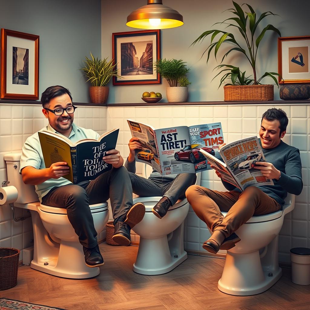 A humorous and exaggerated scene of a group of three men in a cozy bathroom, each sitting on separate stylish toilets reading various books and magazines