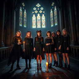 Seven girls dressed in black clothing, standing together inside a dimly lit, eerie church