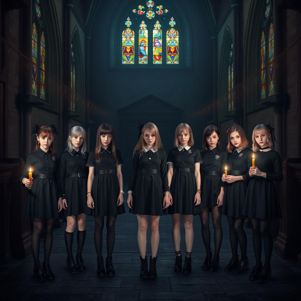 Seven girls dressed in black clothing, standing together inside a dimly lit, eerie church