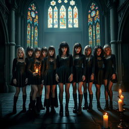 Seven girls dressed in black clothing, standing together inside a dimly lit, eerie church
