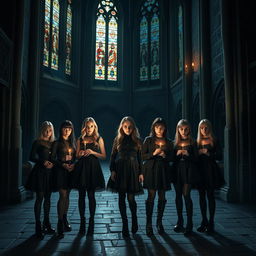 Seven girls dressed in black clothing, standing together inside a dimly lit, eerie church
