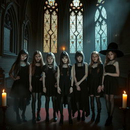 Seven girls wearing black clothing are standing inside a dimly lit, spooky church