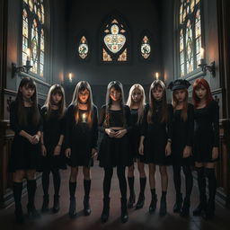 Seven girls wearing black clothing are standing inside a dimly lit, spooky church