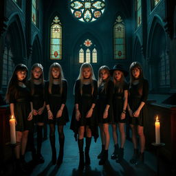 Seven girls wearing black clothing are standing inside a dimly lit, spooky church