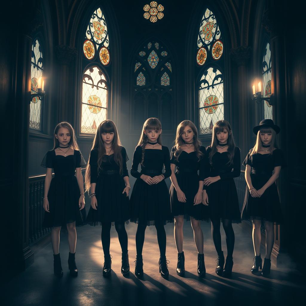 Seven girls wearing black clothing are standing inside a dimly lit, spooky church