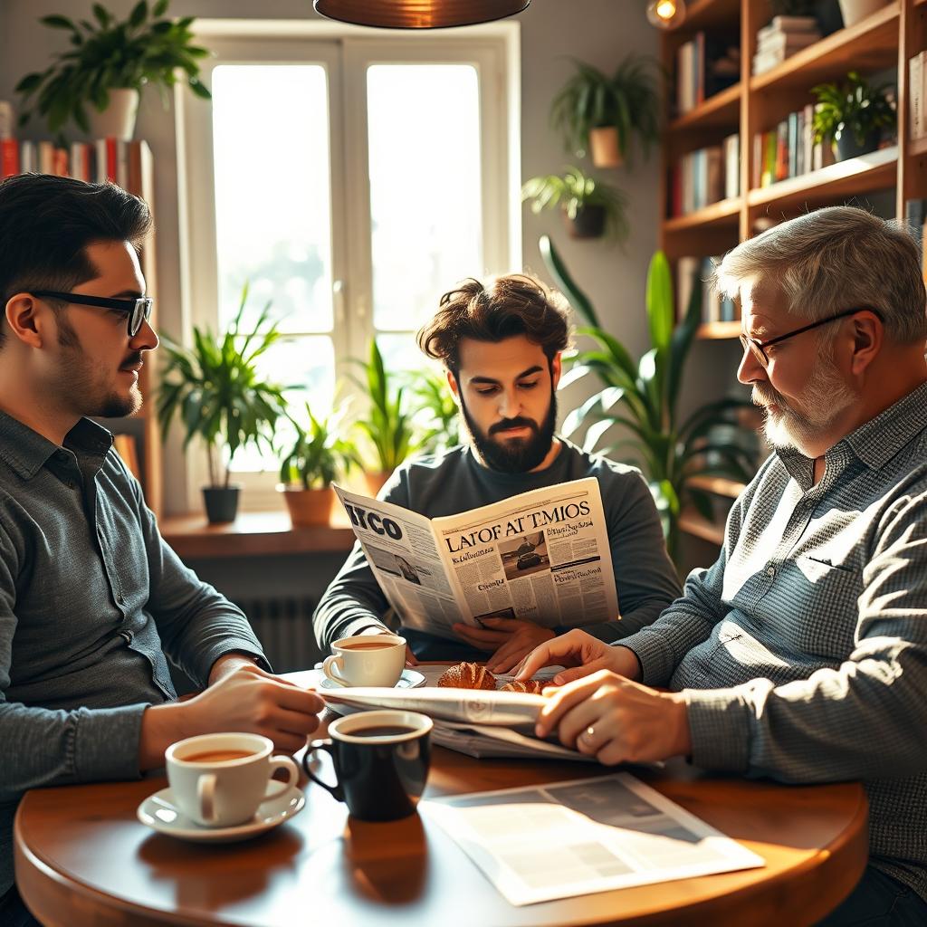 A group of three men sitting around a table in a cozy coffee shop, engaged in a discussion while reading a newspaper