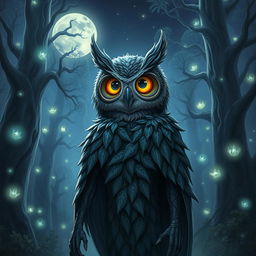 A humanoid owl creature, blending features of an owl and a human, standing in a mystical forest