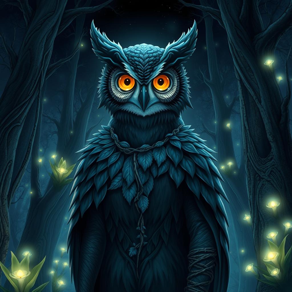 A humanoid owl creature, blending features of an owl and a human, standing in a mystical forest