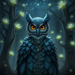 A humanoid owl creature, blending features of an owl and a human, standing in a mystical forest