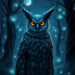 A humanoid owl creature, blending features of an owl and a human, standing in a mystical forest