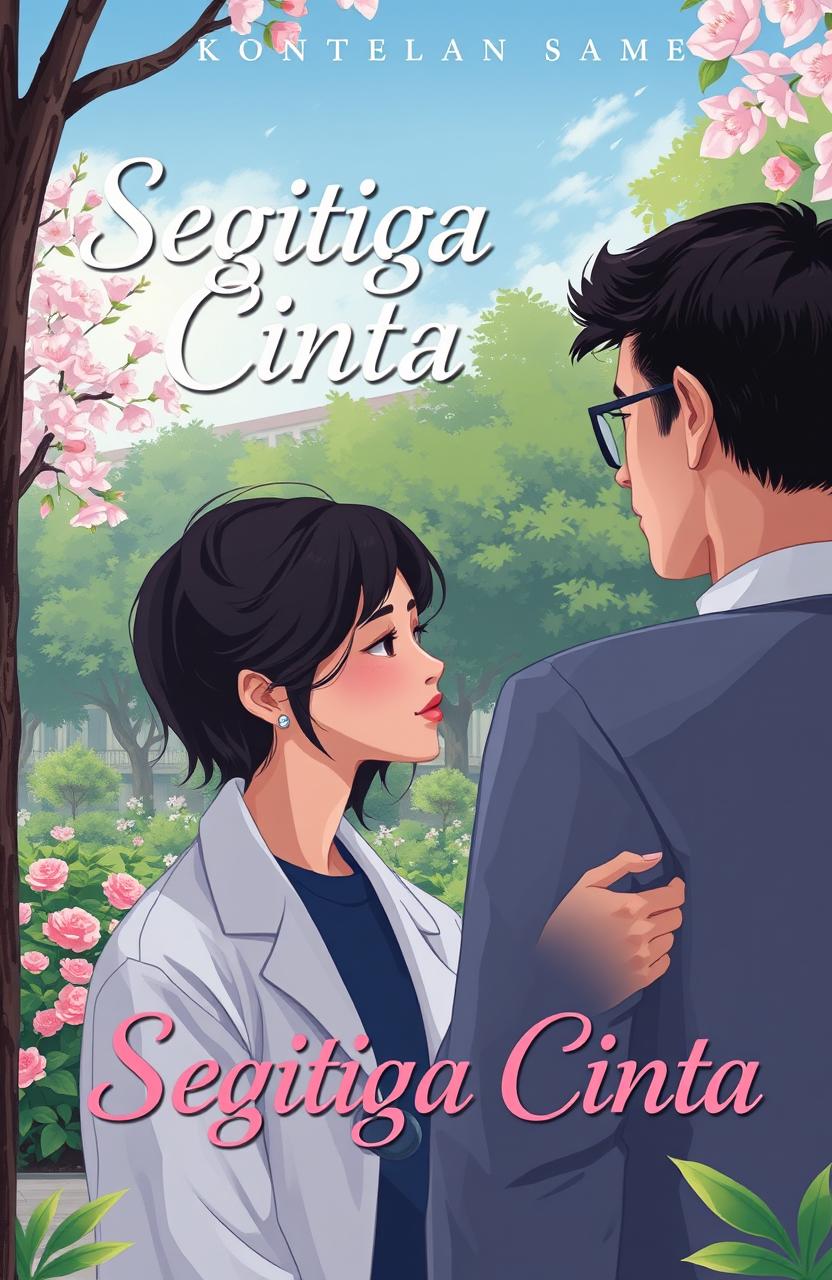 A novel cover illustration that captures the essence of a love triangle involving a university lecturer and a doctor
