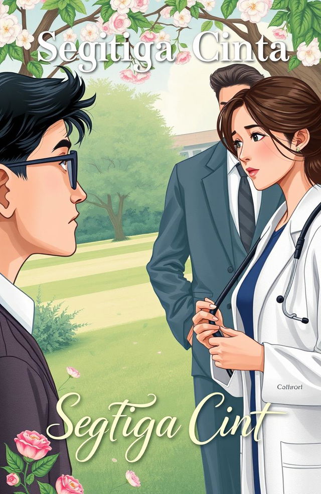 A novel cover illustration that captures the essence of a love triangle involving a university lecturer and a doctor
