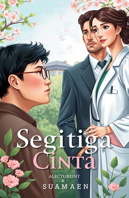 A novel cover illustration that captures the essence of a love triangle involving a university lecturer and a doctor