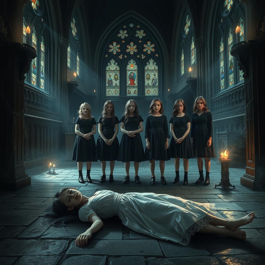 A haunting scene inside a dimly lit, old church