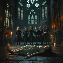 A haunting scene inside a dimly lit, old church