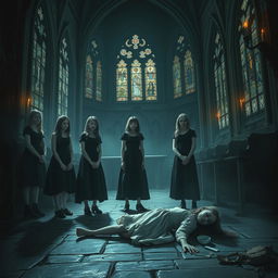 A haunting scene inside a dimly lit, old church