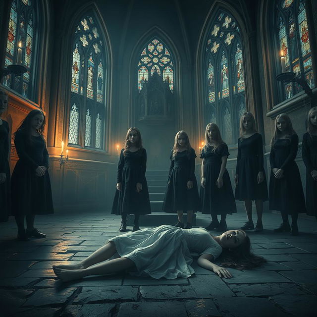 A haunting scene inside a dimly lit, old church