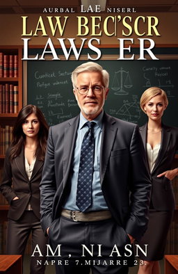 A captivating novel cover featuring a distinguished law professor in a scholarly setting