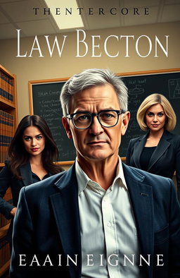 A captivating novel cover featuring a distinguished law professor in a scholarly setting