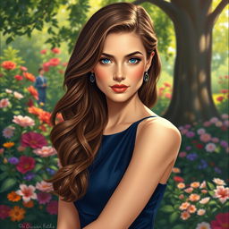 A beautiful, intricately detailed painting of Amber Ledbetter Tamford, a sophisticated young woman with an air of elegance