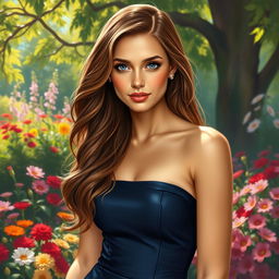 A beautiful, intricately detailed painting of Amber Ledbetter Tamford, a sophisticated young woman with an air of elegance