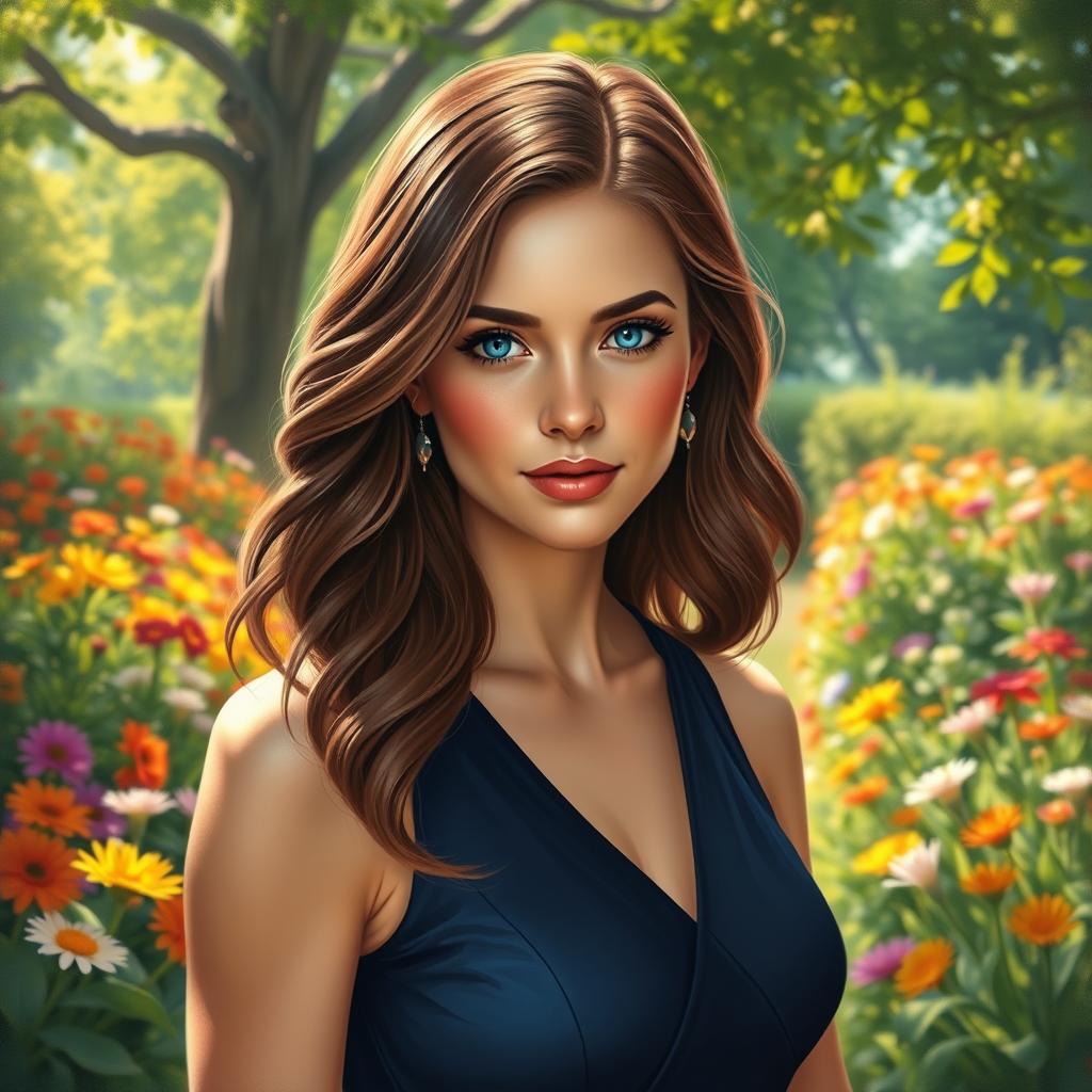 A beautiful, intricately detailed painting of Amber Ledbetter Tamford, a sophisticated young woman with an air of elegance