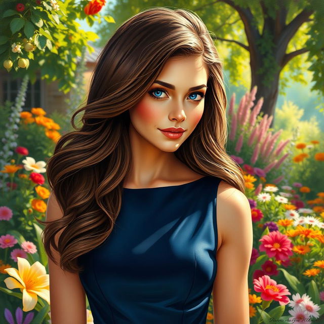 A beautiful, intricately detailed painting of Amber Ledbetter Tamford, a sophisticated young woman with an air of elegance