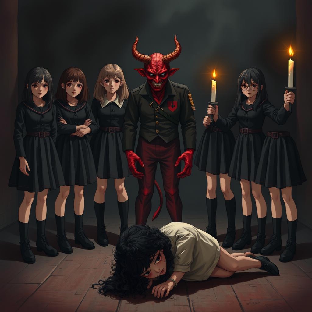 Six girls dressed in dark outfits stand in a tense formation, with a devil figure standing between them