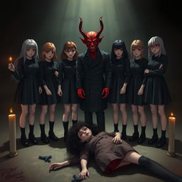 Six girls dressed in dark outfits stand in a tense formation, with a devil figure standing between them