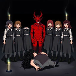Six girls dressed in dark outfits stand in a tense formation, with a devil figure standing between them