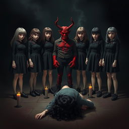Six girls dressed in dark outfits stand in a tense formation, with a devil figure standing between them