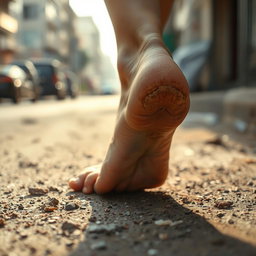 A close-up view of someone's bare feet walking on a dirty, gritty surface