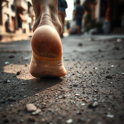 A close-up view of someone's bare feet walking on a dirty, gritty surface