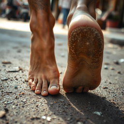 A close-up view of someone's bare feet walking on a dirty, gritty surface