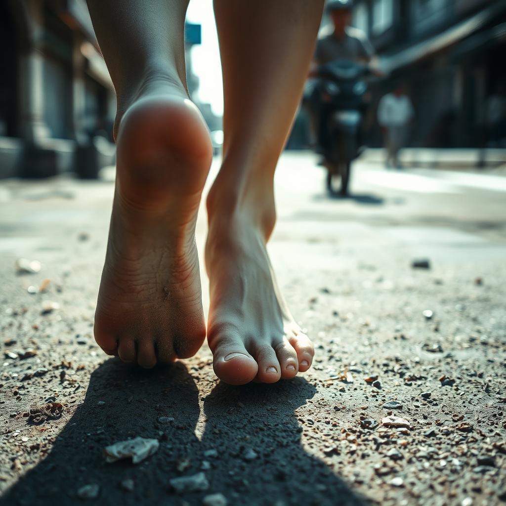 A close-up view of someone's bare feet walking on a dirty, gritty surface