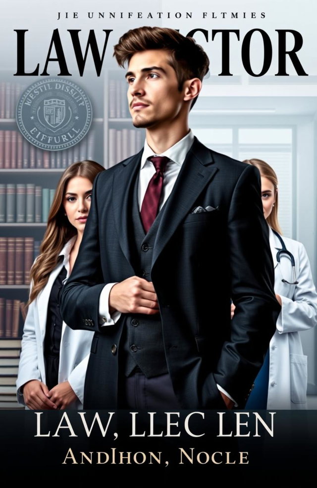 A captivating novel cover featuring a young male law professor, standing confidently with a thoughtful expression