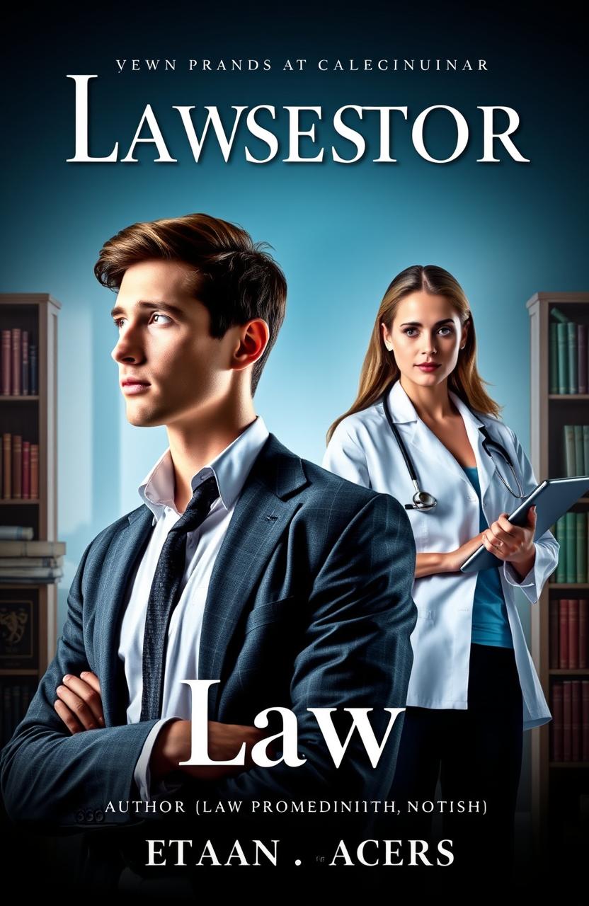 A captivating novel cover featuring a young male law professor, standing confidently with a thoughtful expression
