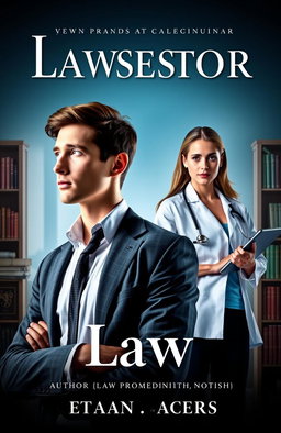 A captivating novel cover featuring a young male law professor, standing confidently with a thoughtful expression